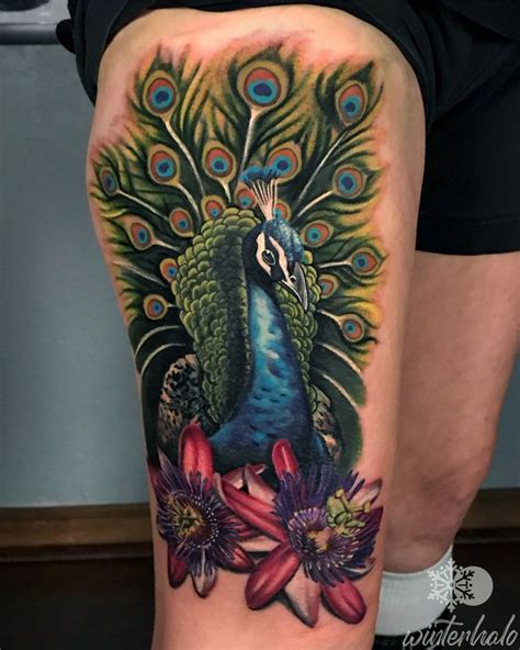 Realism Peacock Tattoo With Passion Flowers Peacock Tattoo Tattoo