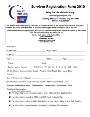 Fillable Online Relay Acsevents Survivor Registration Form 2010 Relay