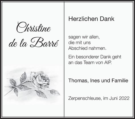 Traueranzeigen Von Christine De La Barr M Rkische Onlinezeitung