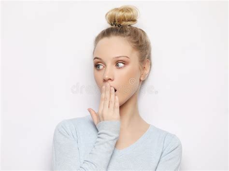Indoor Shot Of Stupefied Shocked Blonde Woman Keeps Mouth Widely Opened