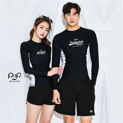 Đồ bơi Couple áo tay dài quần short hai lớp phối màu vải siêu co giãn P2P Bikini Thương hiệu