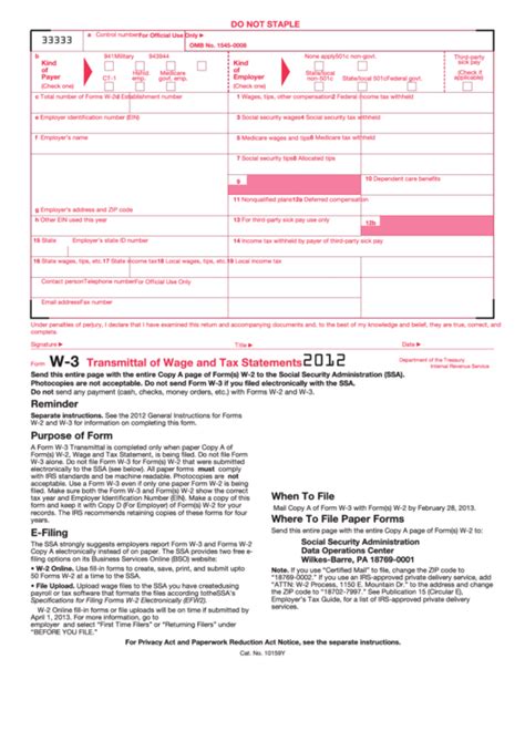 Form W 3 Transmittal Of Wage And Tax Statements 2012 Printable Pdf