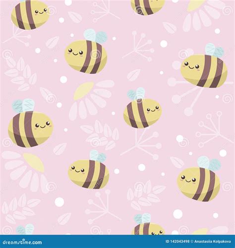 Seamless Background With Cute Cartoon Honey Bees Leaves And Flowers