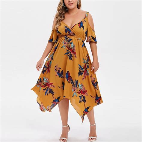 Bellzely Clearance Plus Size Casual Dresses Women Sexy Floral Printed Short Sleeve V Neck Cold