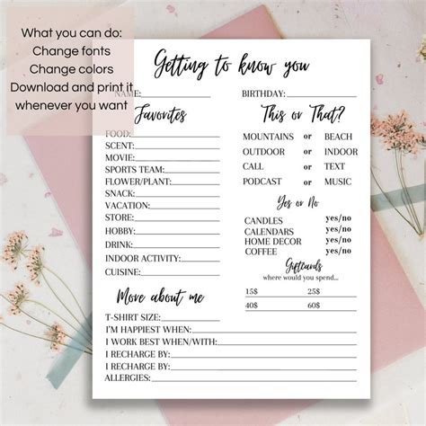 Getting To Know You Printable Employee Favorite Things Survey