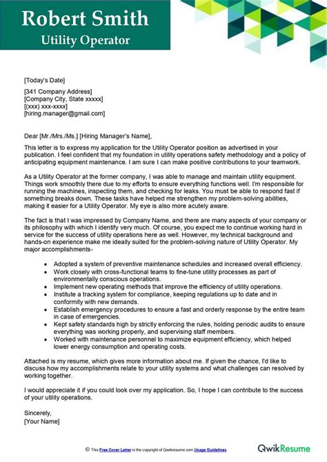 Utility Operator Cover Letter Examples Qwikresume