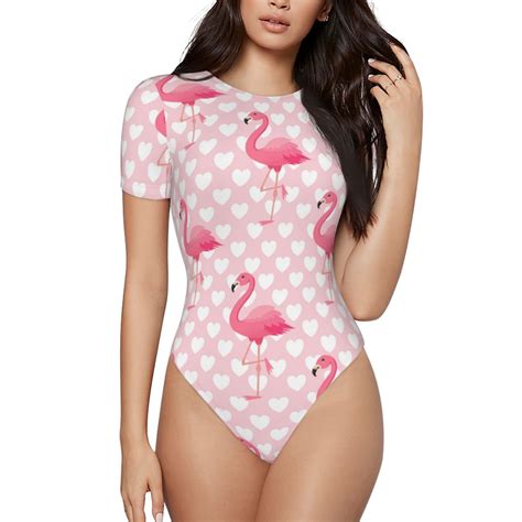 Gaeub Cute Flamingo With Heart Womens Short Sleeve One Piece Swimsuit