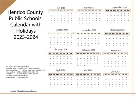 Henrico County Public Schools Calendar with Holidays 2023-2024