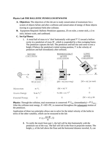 7 2 Lab 7 Ballistic Pendulum Physics Lab THE BALLISTIC PENDULUM HTWW