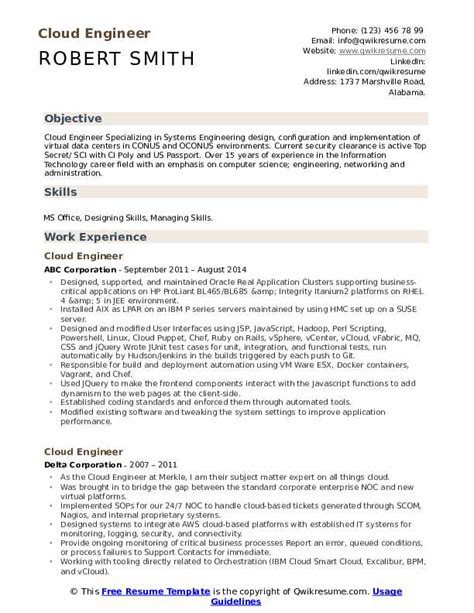 Cloud Engineer Resume Samples Qwikresume