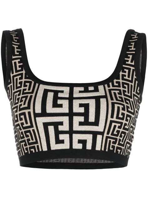 Balmain Monogram Jacquard Cropped Knit Top Black Farfetch Uk