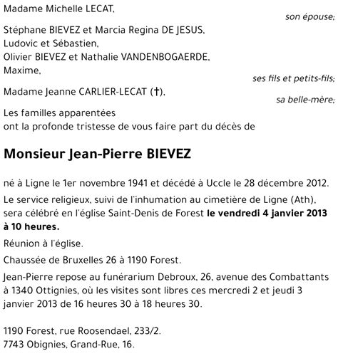 Avis De Décès De Jean Pierre Bievez Décédé Le 28122012 à Ukkel