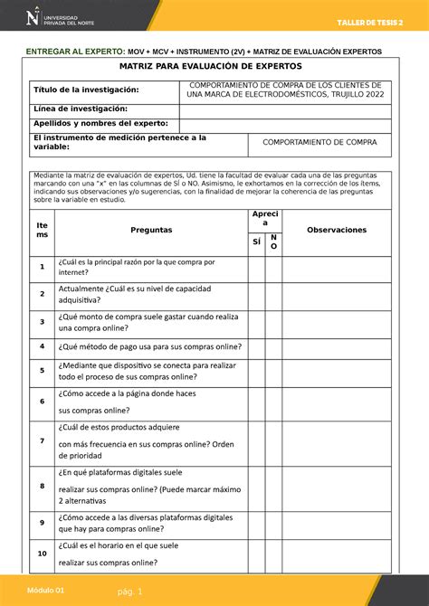 Matriz Para La Evaluacion De Expertos Tesis Upn Studocu