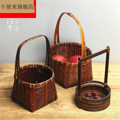 特色复古竹编提篮仿古做旧茶点篮竹工艺品花篮吊篮手工艺品摆件虎窝淘