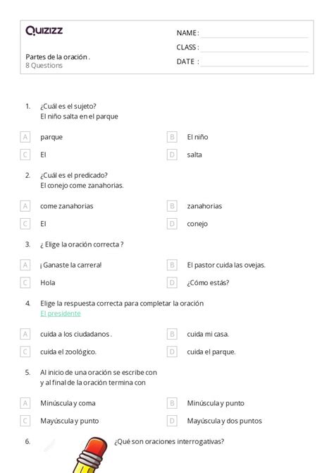 50 Partes de la oración hojas de trabajo para Grado 1 en Quizizz