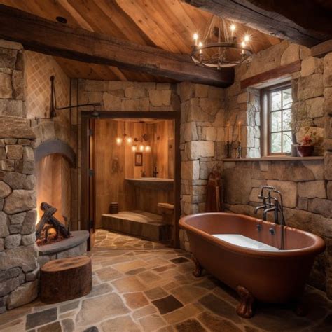 Rustic Lodge Bathoom With Copper Tub Rustic Home Design Bathroom