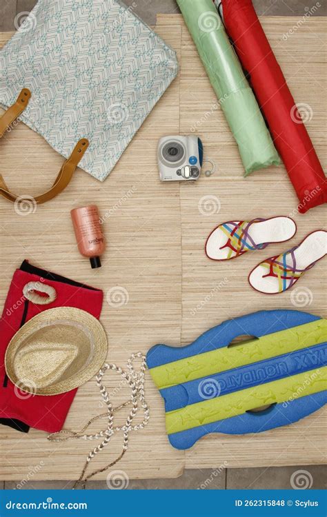 Top Shot Of Beach Items Laid Out On The Floor Stock Photo Image Of