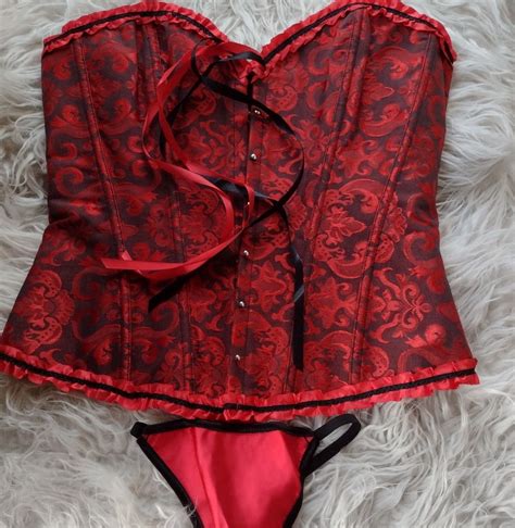 Red Corset Set Xl Red And Black Corset Red Corset High Waisted Panties