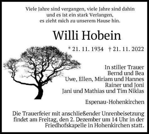 Traueranzeigen Von Willi Hobein Trauer Hna De