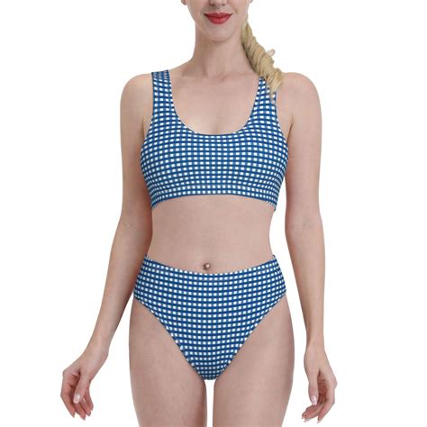 Daiia Blue Gingham Women S Bikini Swimsuit Two Piece Swimsuit High Waisted Slim Fit High Leg
