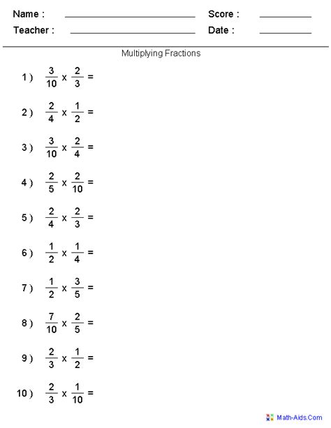 Multiplication Of Simple Fractions Worksheets