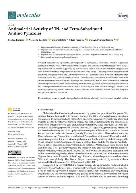 Pdf Antimalarial Activity Of Tri And Tetra Substituted Anilino Pyrazoles