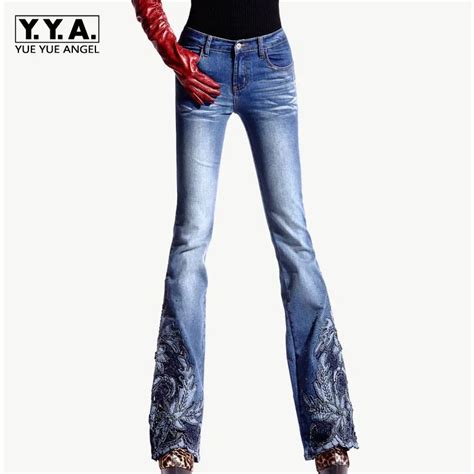 Spring Luxury Beading Embroidered Mid Waist Big Flared Jeans Female Boot Cut Embroidery Lace