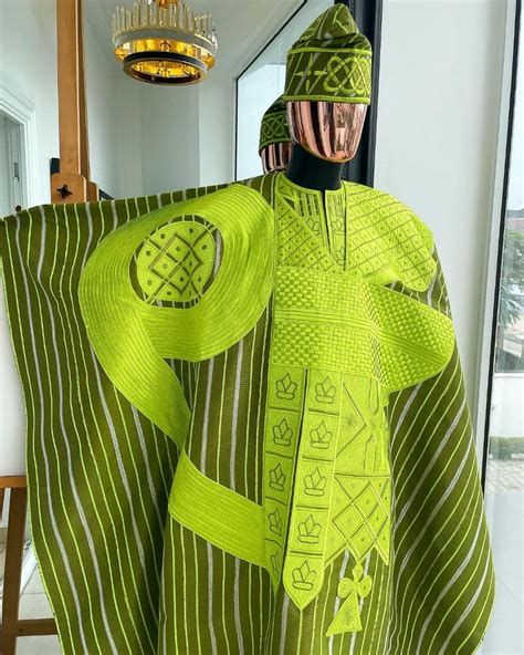 A Stripe Lemon Green And Olive Green Aso Oke Regal Agbada By Dejiandko