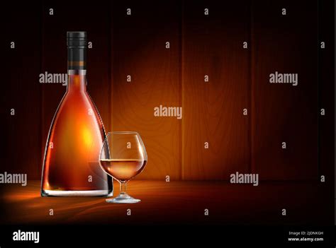 Brandy Cognac Whiskey Glass Bottles Realistic Composition With Wooden