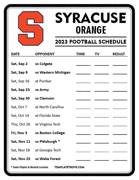 Printable 2023 Syracuse Orange Football Schedule