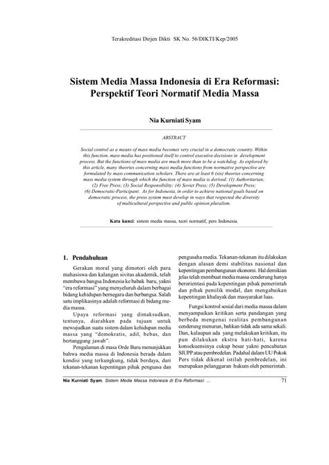 Pdf Sistem Media Massa Indonesia Di Era Reformasi Perspektif Teori Normatif Media Massa