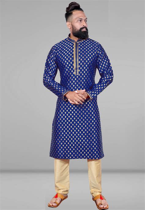 Blue Silk Jacquard Kurta Pajama 223627