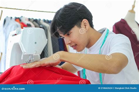 Asian Dressmaker Sewing Garment On Machine Stock Photo Image Of