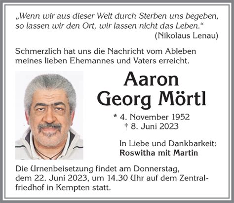 Traueranzeigen Von Aaron Georg M Rtl Allg Uer Zeitung