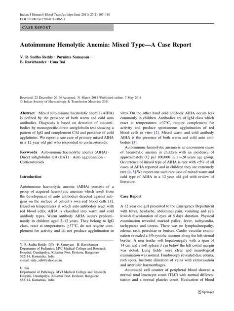 Pdf Autoimmune Hemolytic Anemia Mixed Type A Case Report