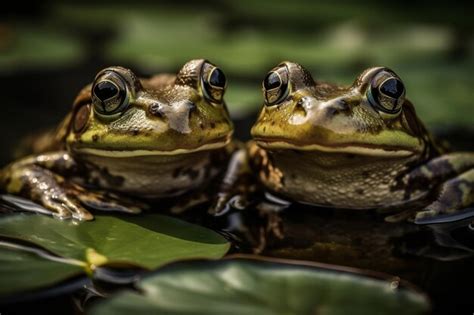 Dos Ranas Se Sientan En Un Estanque Una De Las Cuales Es Verde Y La