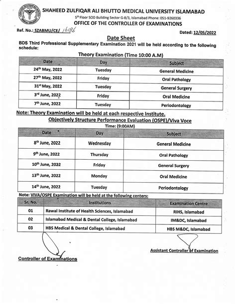 Szabmu Bds Third Prof Supply Exam 2021 Date Sheet 2022 Resultpk