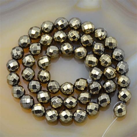 Faceted Natural Pyrite Hematite Gemstone Round Loose Beads On A 15 5