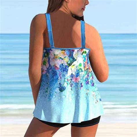 Tankini Femme Sexy Maillot de Bain 2 Pièces Push Up Imprimé Bikini Swimwear Argile Blanc