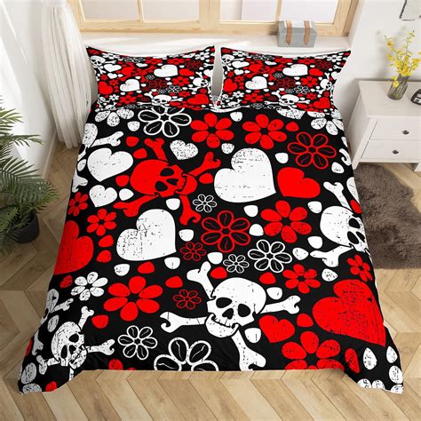 Yst Sugar Skull Comforter Cover Vintage Floral Skeleton King Bedding