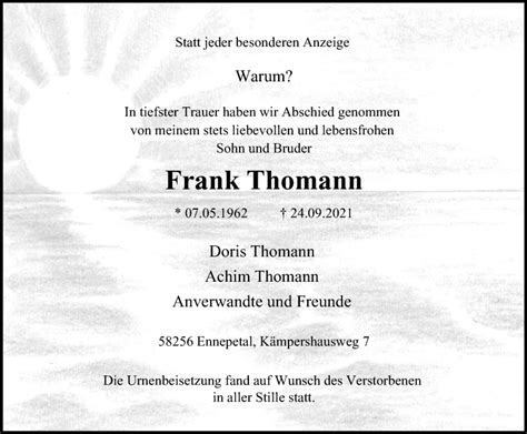 Traueranzeigen Von Frank Thomann Trauer In Nrw De