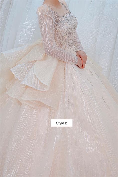 Nude Beige Champagne Off The Shoulder Or Long Sleeves Sparkle Beaded Ball Gown Wedding Dress