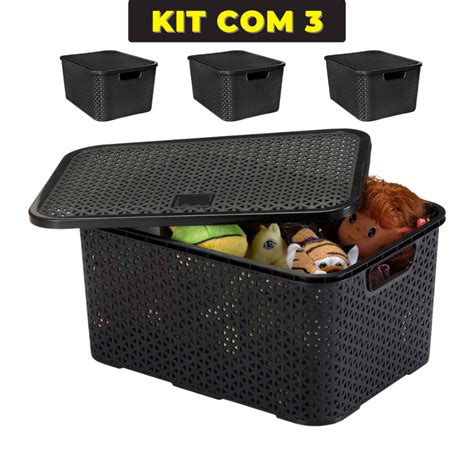 Kit Cesto Caixa Organizadora Rattan Tampa Litros