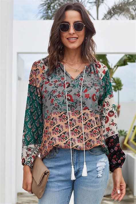 Chicsyou Multicolor Floral Print Peasant Blouse Chicsyou Long