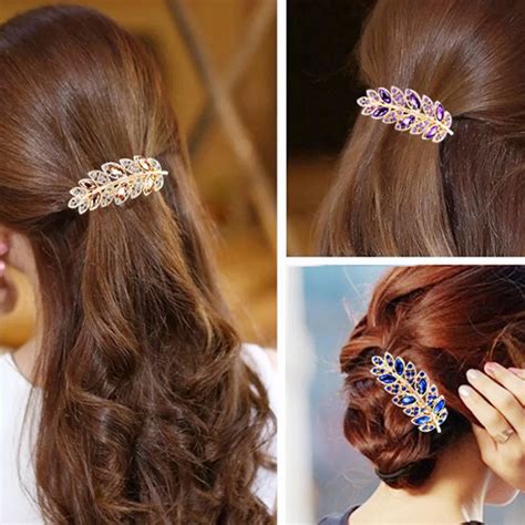 Beauty Women Fashion Hair Clip Leaf Crystal Rhinestone Barrette Hairpin ...