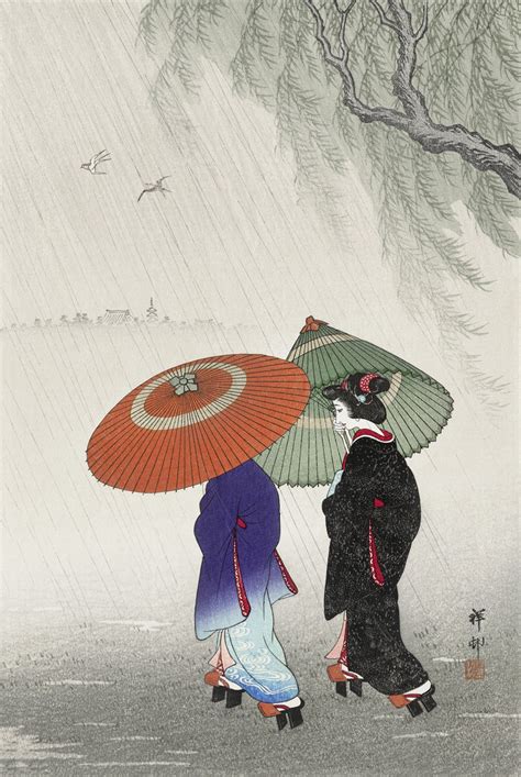 Dos mujeres bajo la lluvia de Koson Póster Etsy España