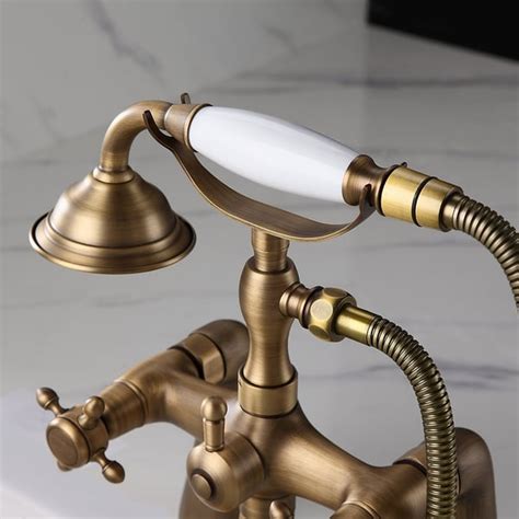 Montag Vintage Deck Mounted 2 Handle Antique Brass Tub Faucet With Hand