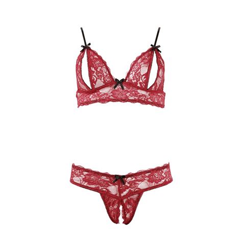 Soutien Gorge Avec Bonnets Ouverts Et String Assorti En Dentelle Rouge