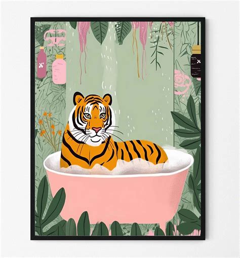 Tiger Decor Bathroom Botanical Art Print Poster, Tiger Decor Wall Art ...