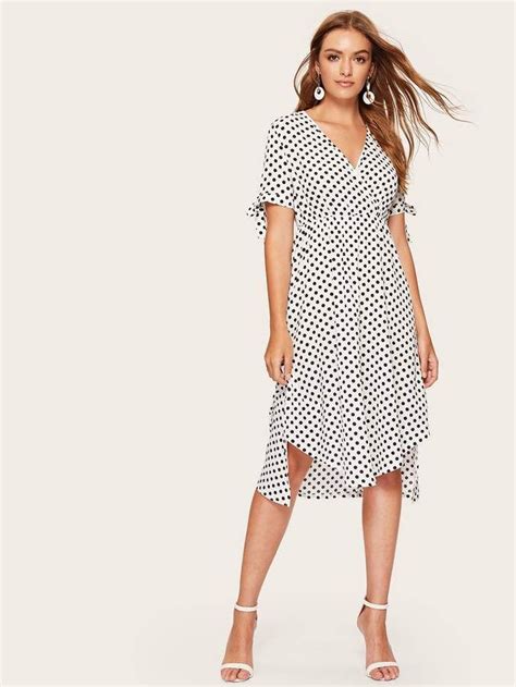 SheinShein Dip Hem Surplice Polka Dot Tea Dress Belted Shirt Dress